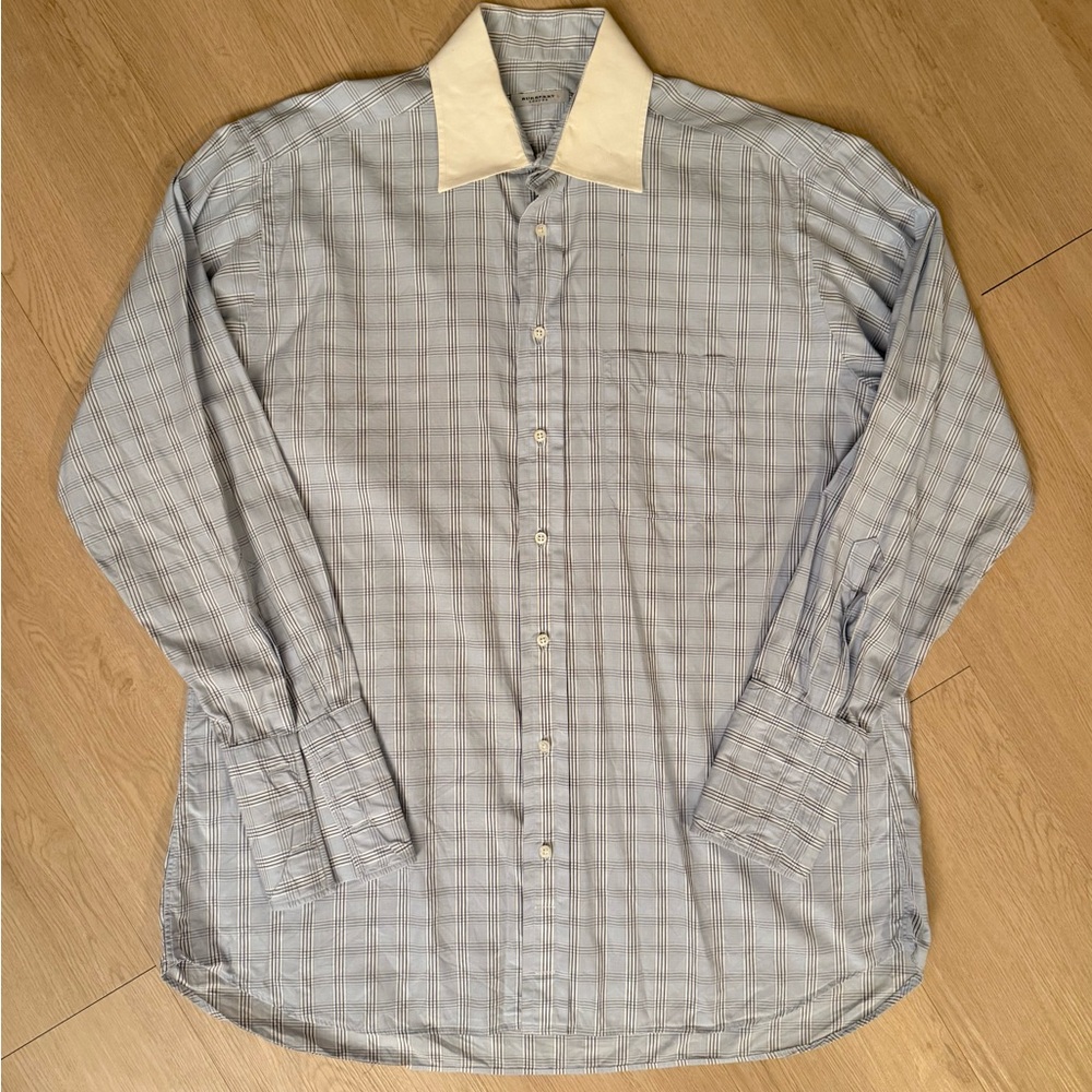 Vintage Burberry London White Collar Blue Plaid Shirt 16.5